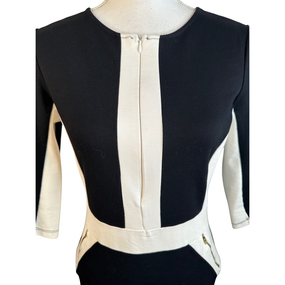 Vijo Couture Black Ivory Colorblock Zip Pocket Midi Sheath Dress Size Small - Picture 3 of 8